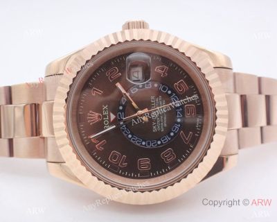 Fake Rolex Sky Dweller Rose Gold Watch w/ Working Time Zone Brown Face